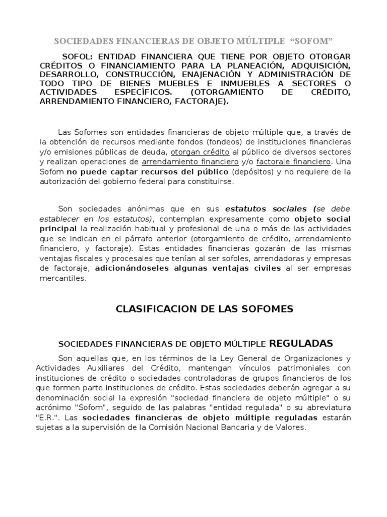 Tipos y funciones de las Sofomes | PDF | Liquidación | Bancos