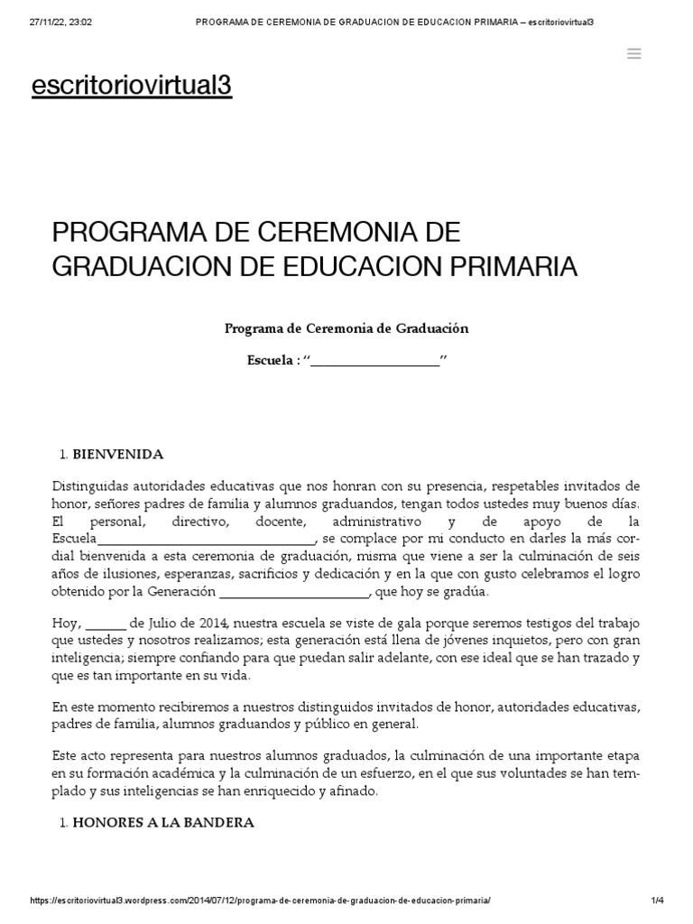 PROGRAMA DE CEREMONIA DE GRADUACION DE EDUCACION PRIMARIA