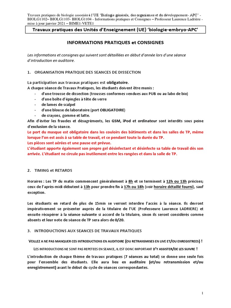 Info Pratiques Et CONSIGNES TP Bio - Résumé 20-21 | PDF