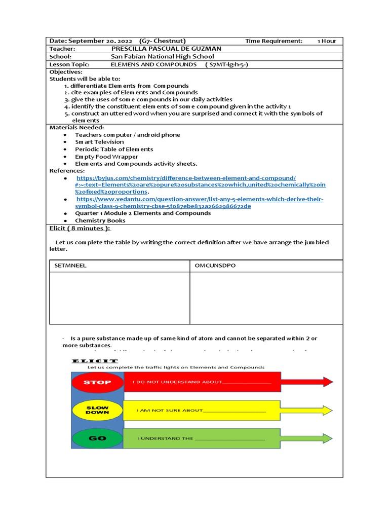 7e Lesson Plan (Elements and Compounds) | PDF