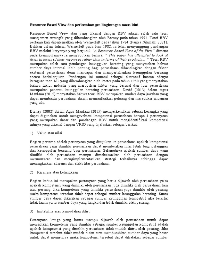 Resources based view dan perkembangan lingkungan yang semakin