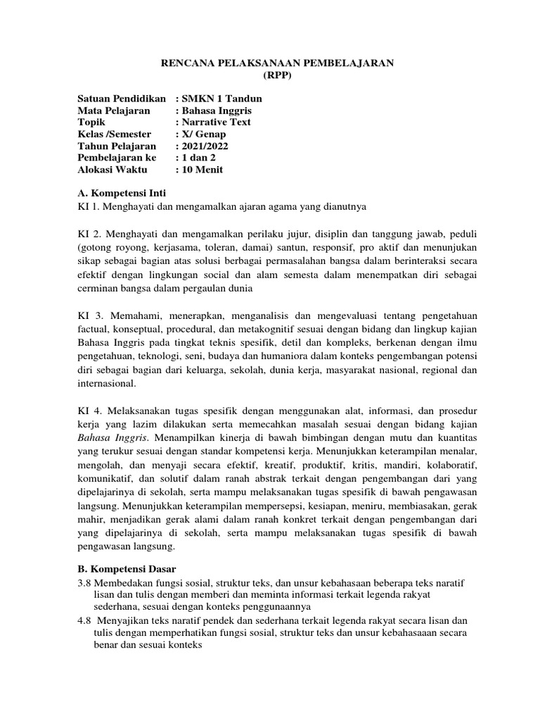 Rpp narrative text kelas x smk pdf