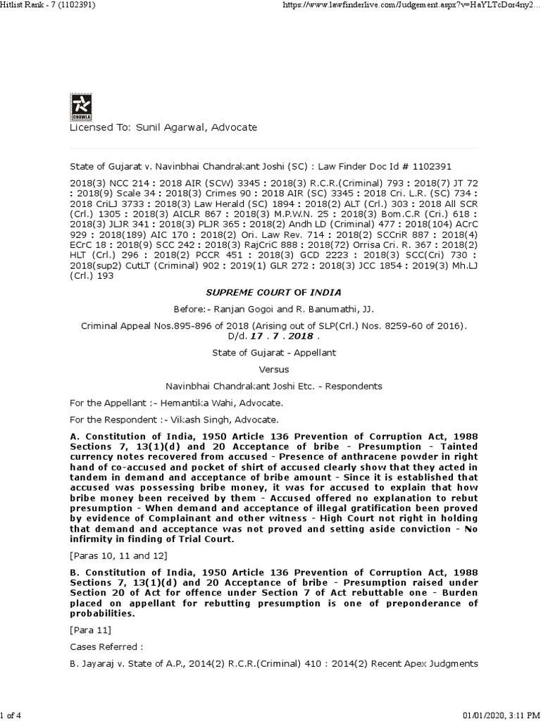 Acceptance of Bribe Can Be Presumed If Accused Fails To Give