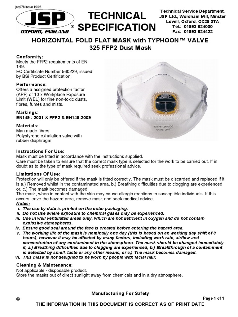 Technical Specification Horizontal Fold Flat Mask With Typhoon™ Valve