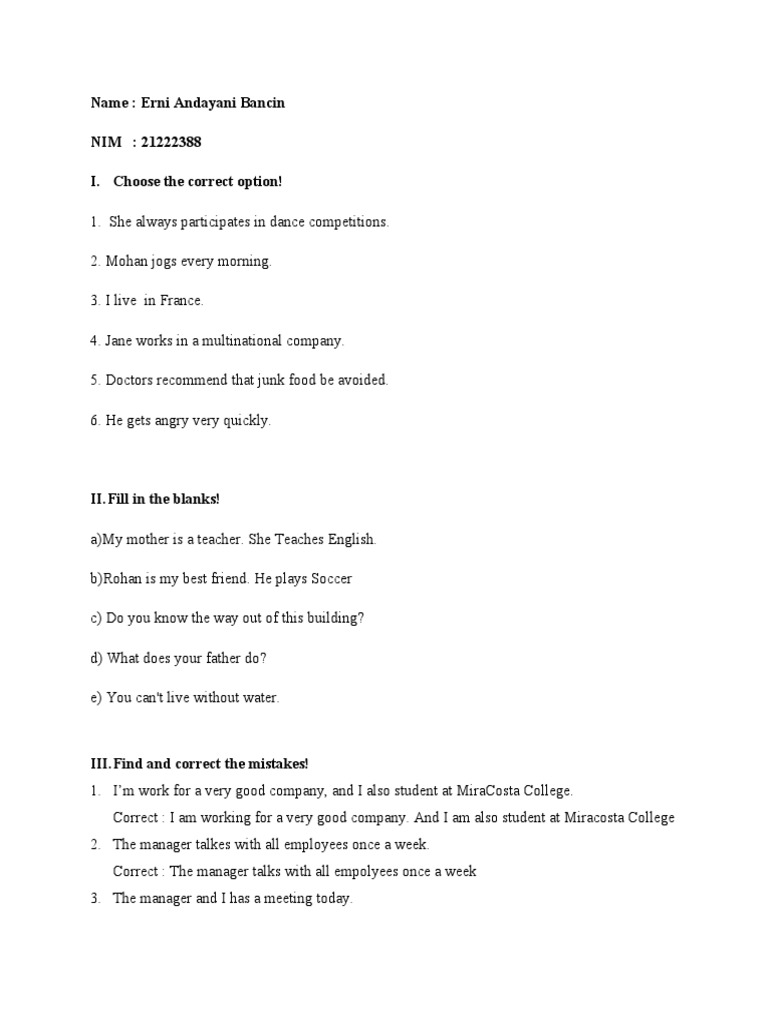 Simple Present Tense Quiz Pdf