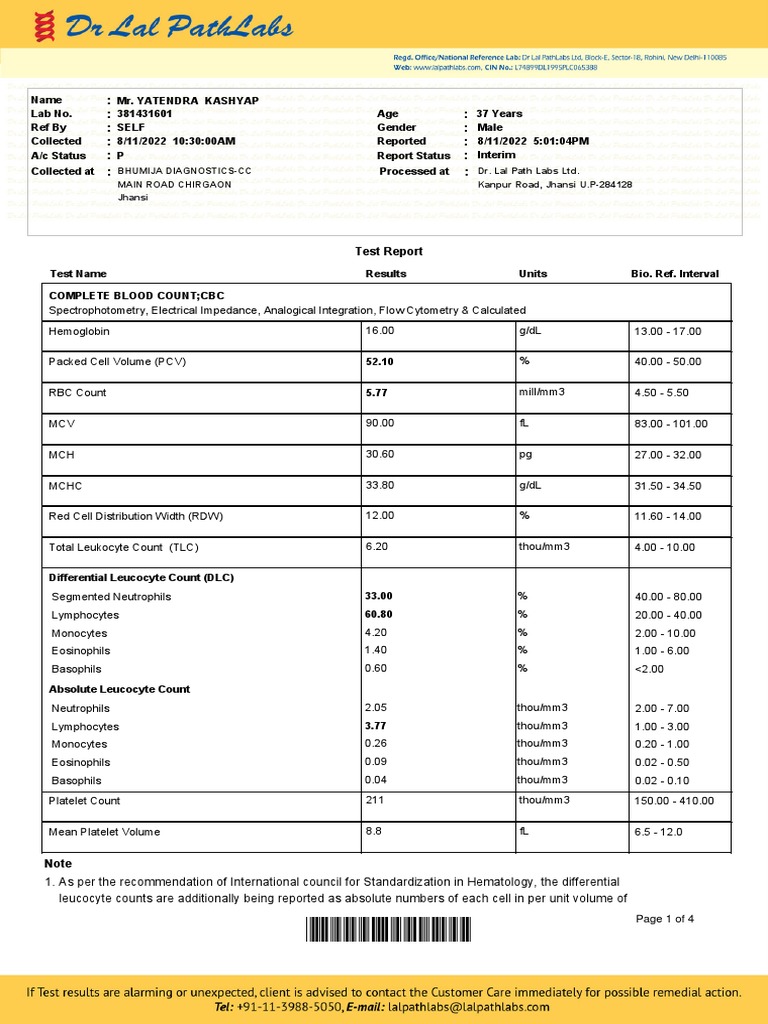 Blood Report Yatendra 08112022 | PDF | White Blood Cell | Medical ...