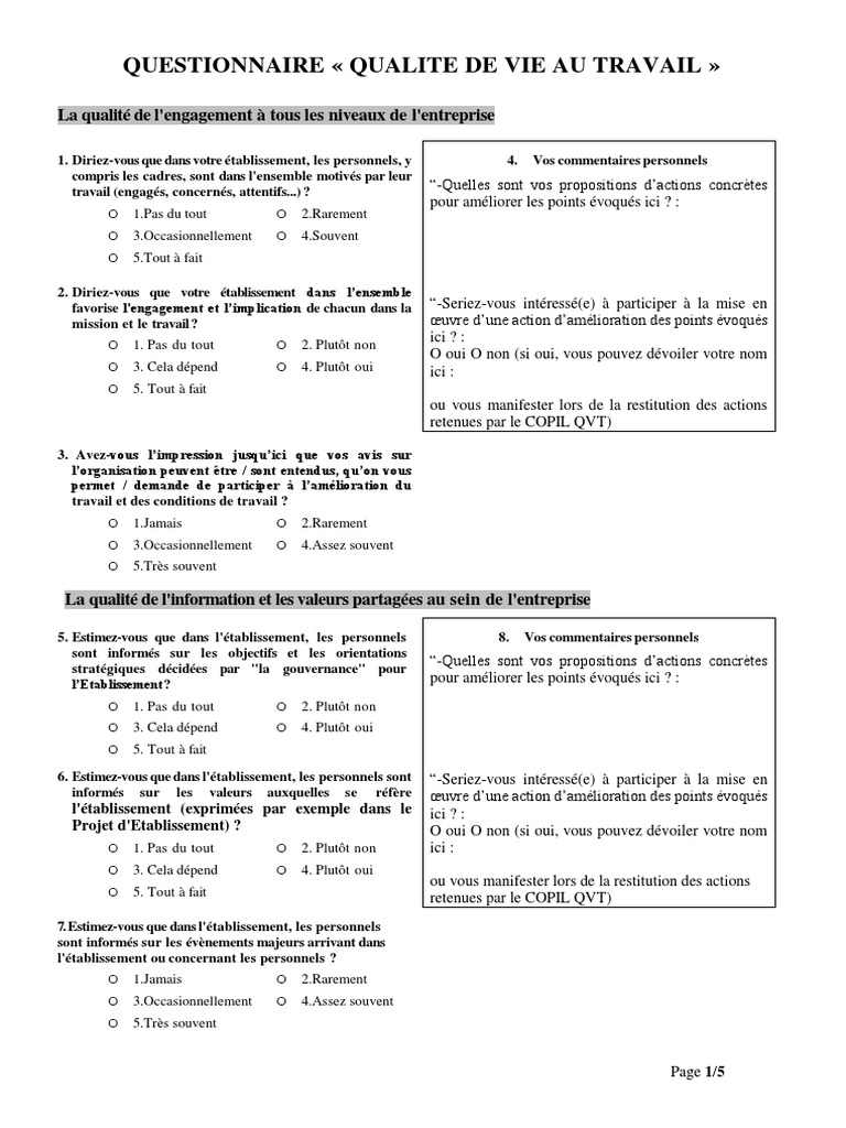 Questionnaire Qualite de Vie Au Travail  PDF