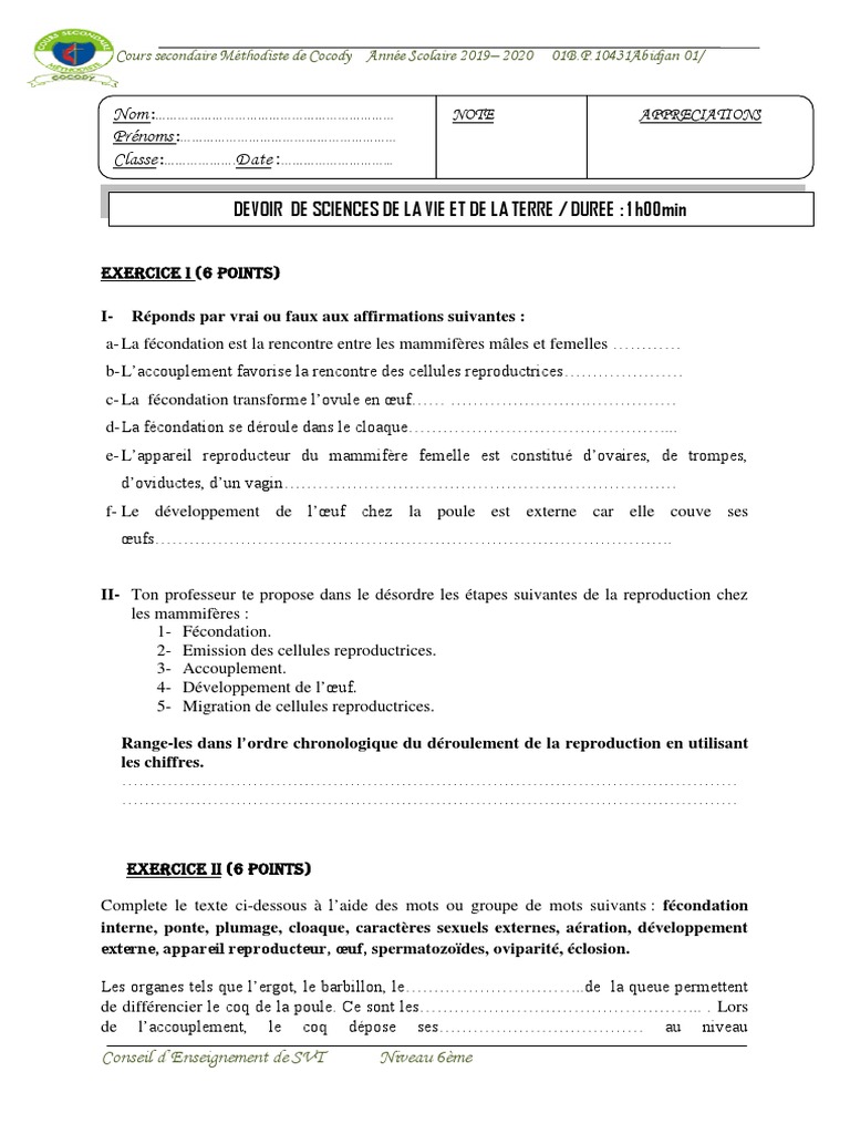 Devoir SVT 6eme... | PDF | Fécondation | la reproduction