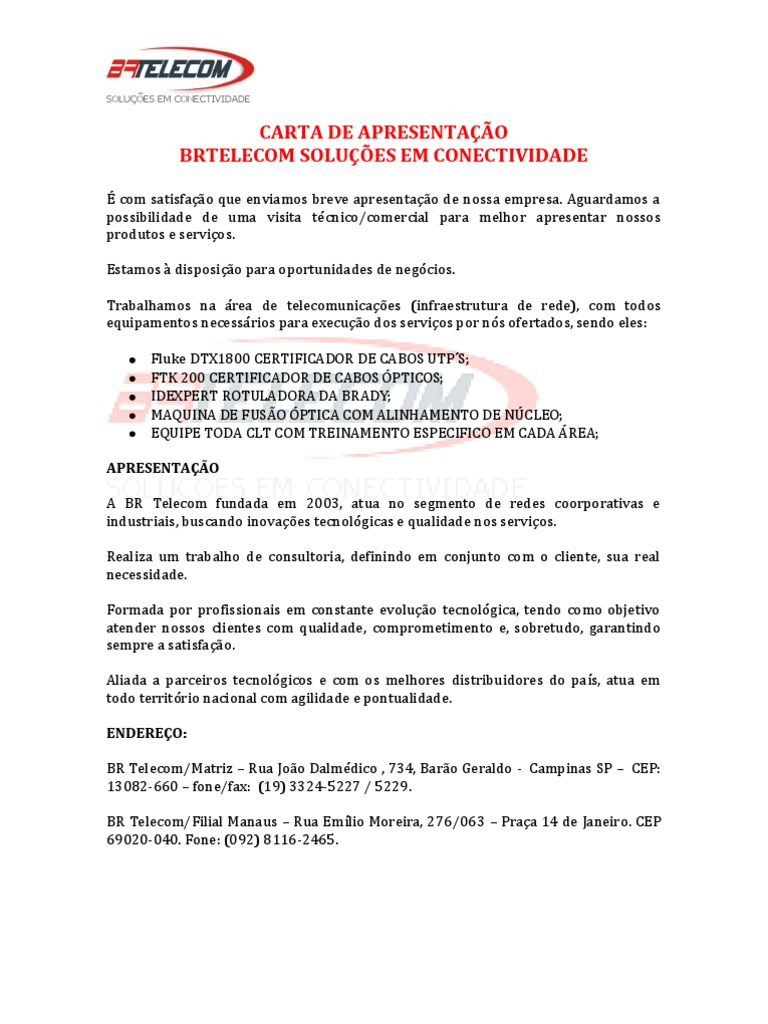 Carta Apresentação Brtelecom Manaus PDF Setor terciário da economia