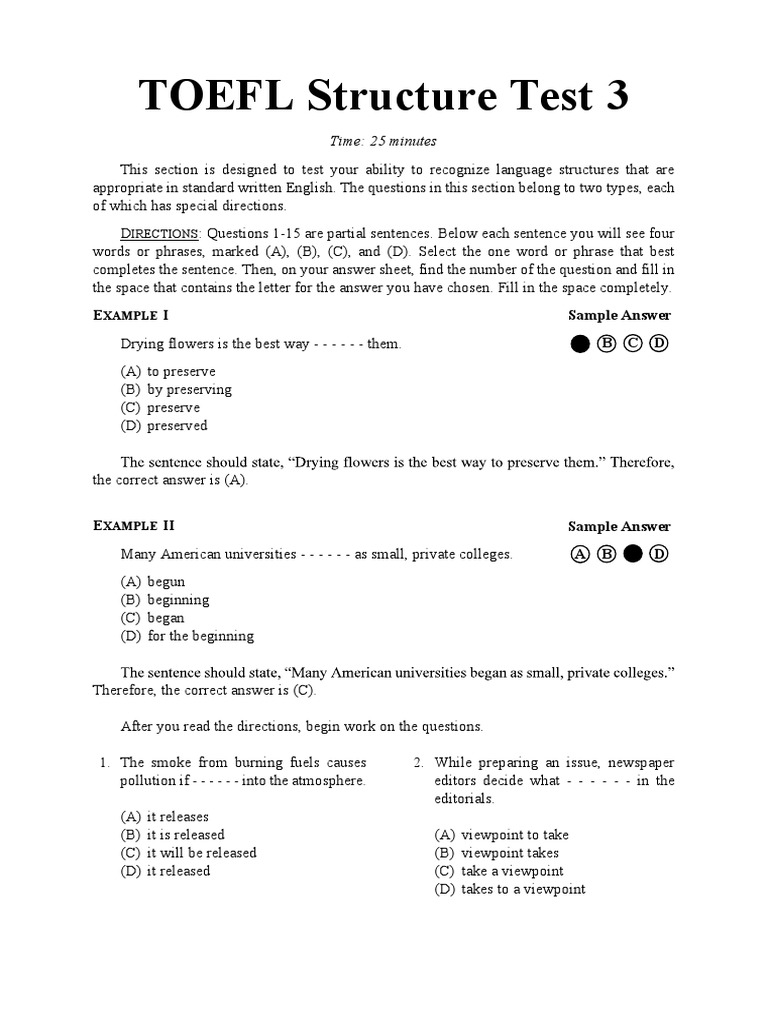 TOEFL Structure Test 3 | PDF | Test Of English As A Foreign Language