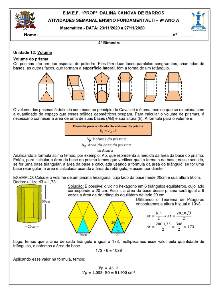 Lorraine Sousa - 9° ANO Volumes - Prismas e Cilindro | PDF