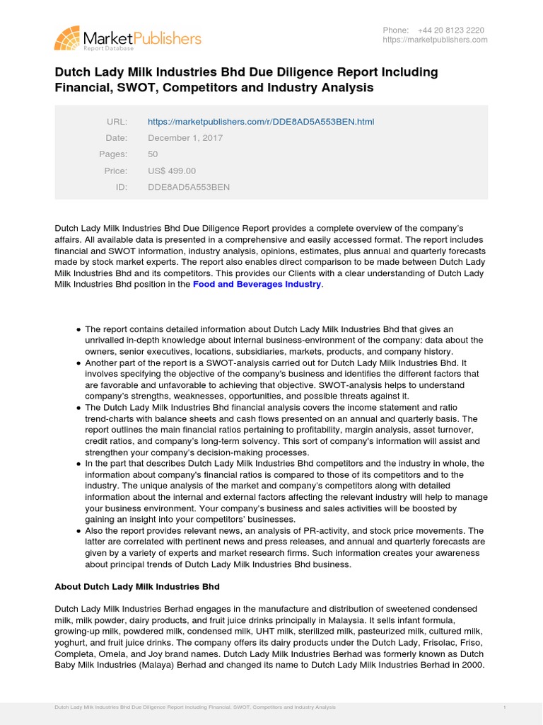 Dutch Lady Milk Industries Due Diligence Report | PDF | Swot Analysis ...