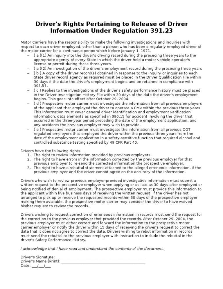 Driver's Rights Pertaining To Release of Driver Information Under
