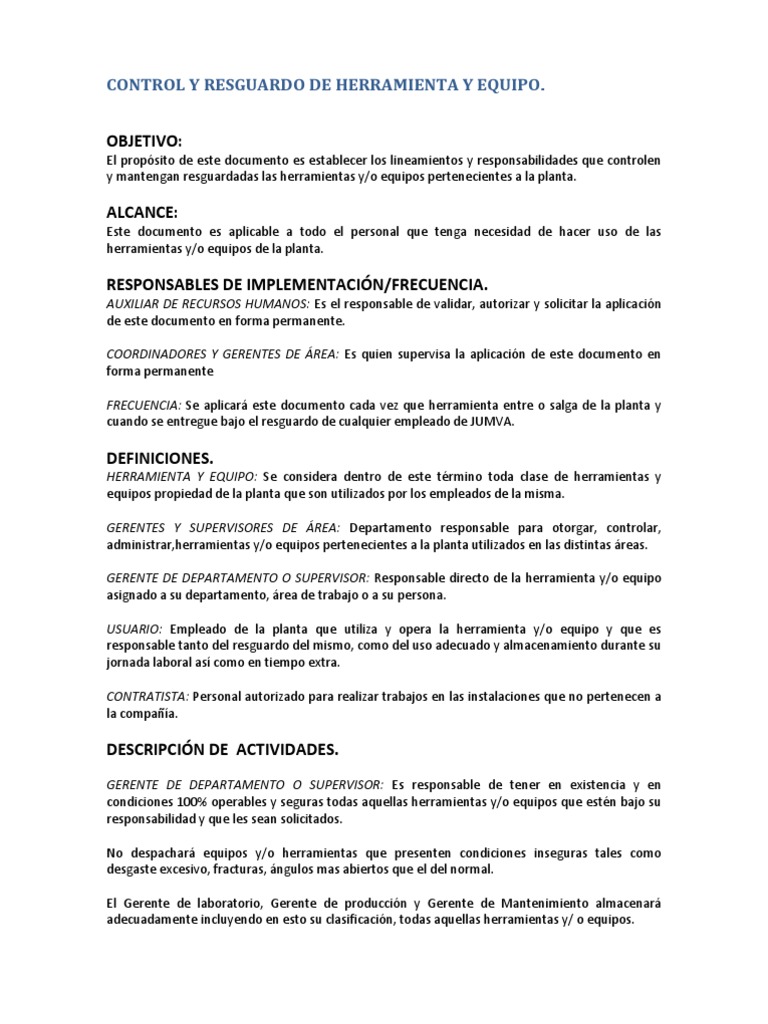 Control y Resguardo de Herramienta y Equipo