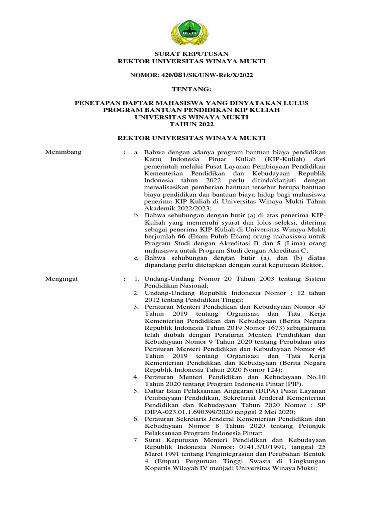 SK Penetapan KIP-K Merdeka Baru 2022-2023 | PDF