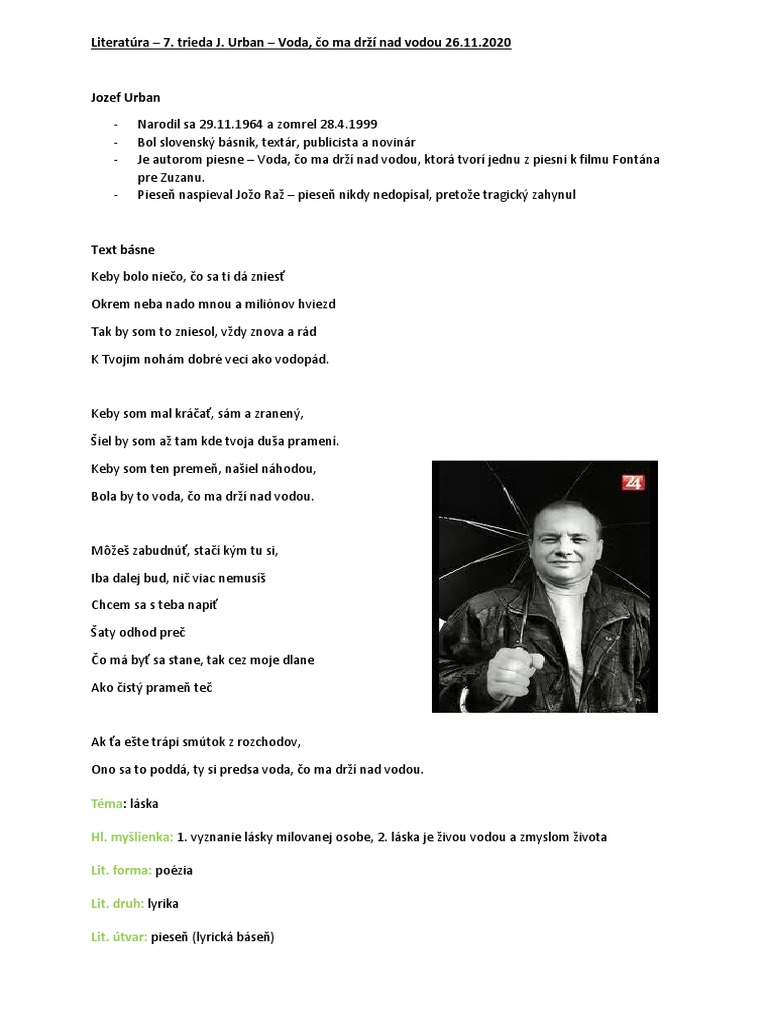 Literatúra - 7. Trieda J. Urban - Voda, Čo Ma Drží Nad Vodou 26.11.2020 ...