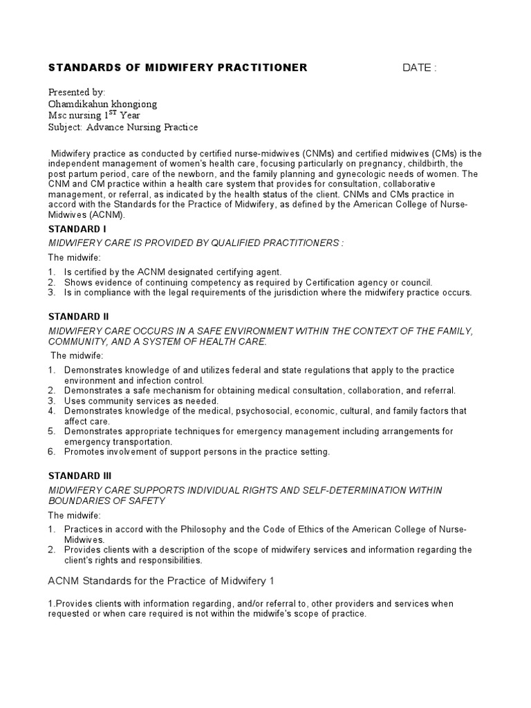 ACNM Standards for Midwifery Practice | PDF | Self-Improvement