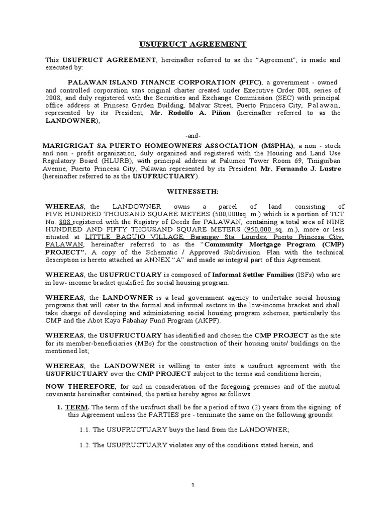Usufruct Agreement - Final | PDF | Property | Mortgage Backed Security