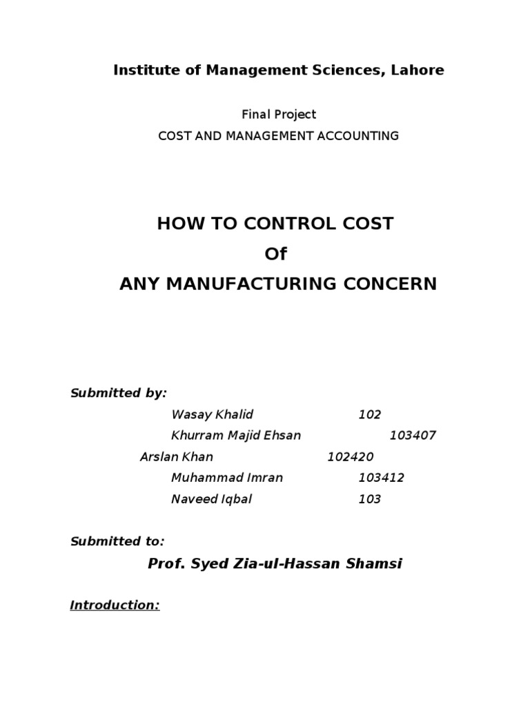 How To Control Cost of Manufacturing Concern PDF Cost Accounting Budget