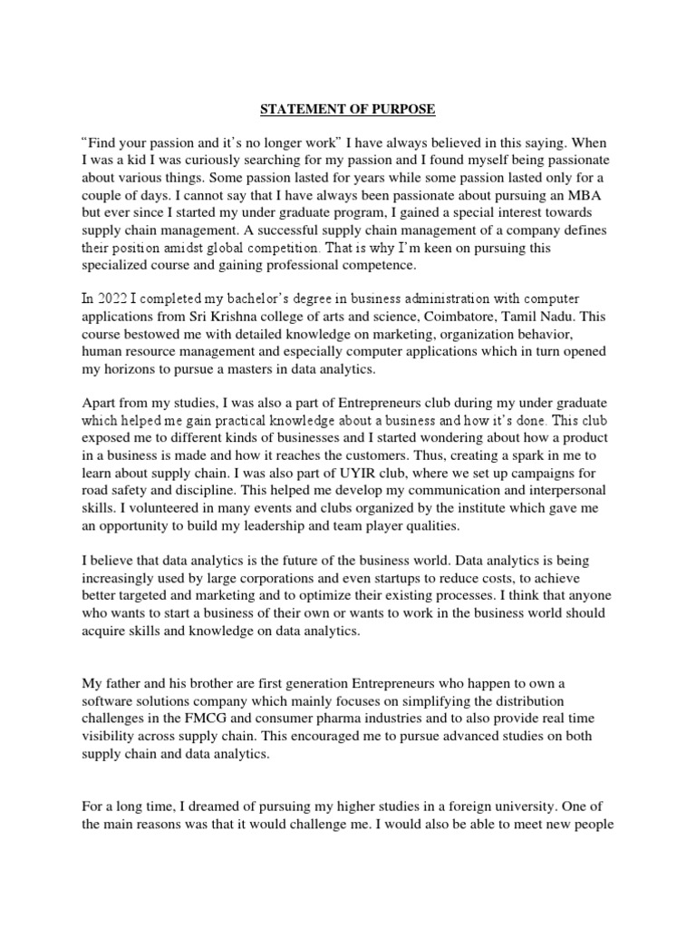 Statement of Purpose PDF | PDF | Master Of Business Administration ...
