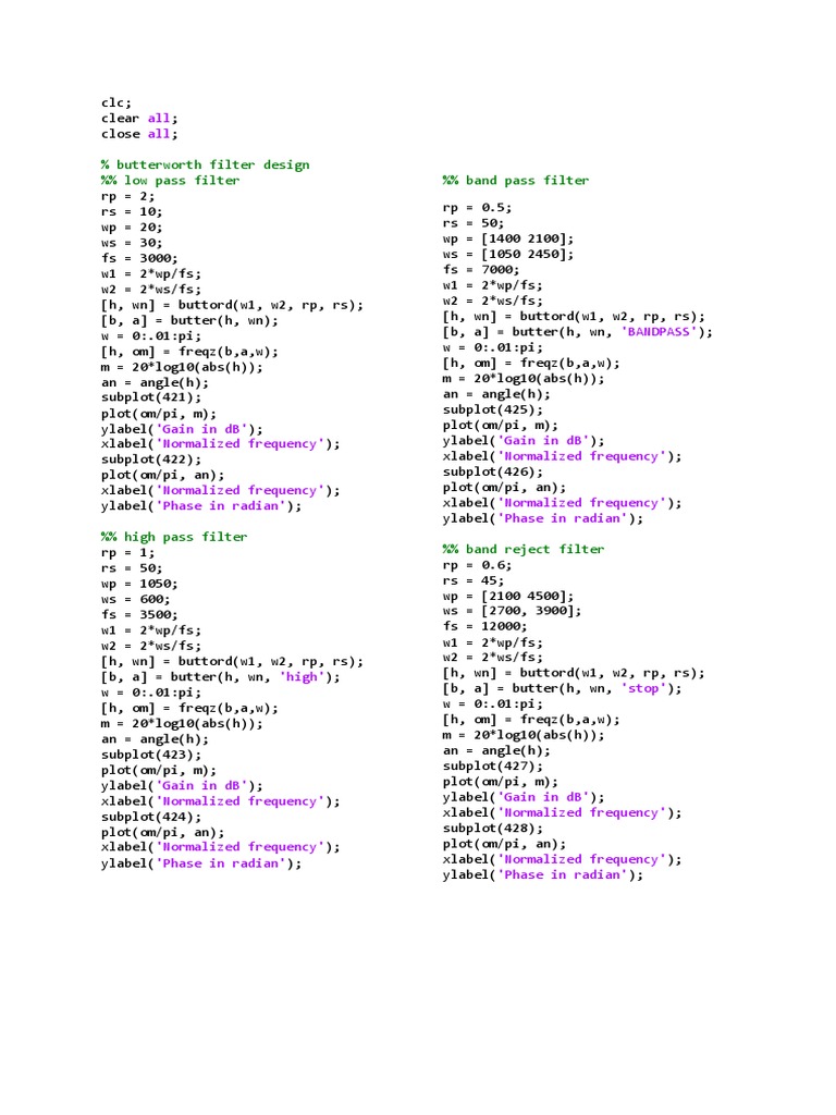 Butterworth Filter Design MATLAB Code PDF Waves Control Theory