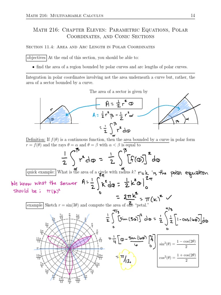 Area and arc length in polar coordinates note sheet calculus iii