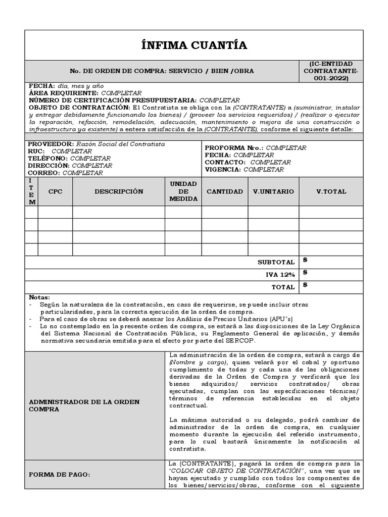 Modelo Orden de Compra Infima Cuantia | PDF | Multa (pena) | Presupuesto