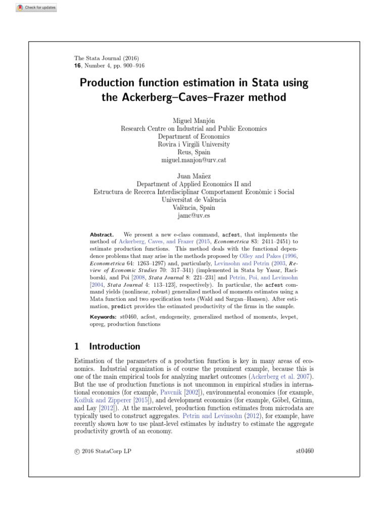 Production function estimation in stata using the ackerberg caves