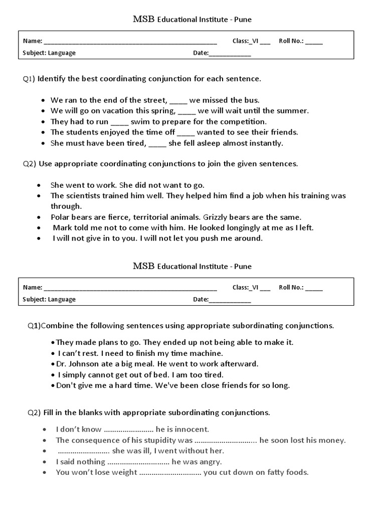 Coordinating and Subordinating Conjunctions Practice Worksheet | PDF