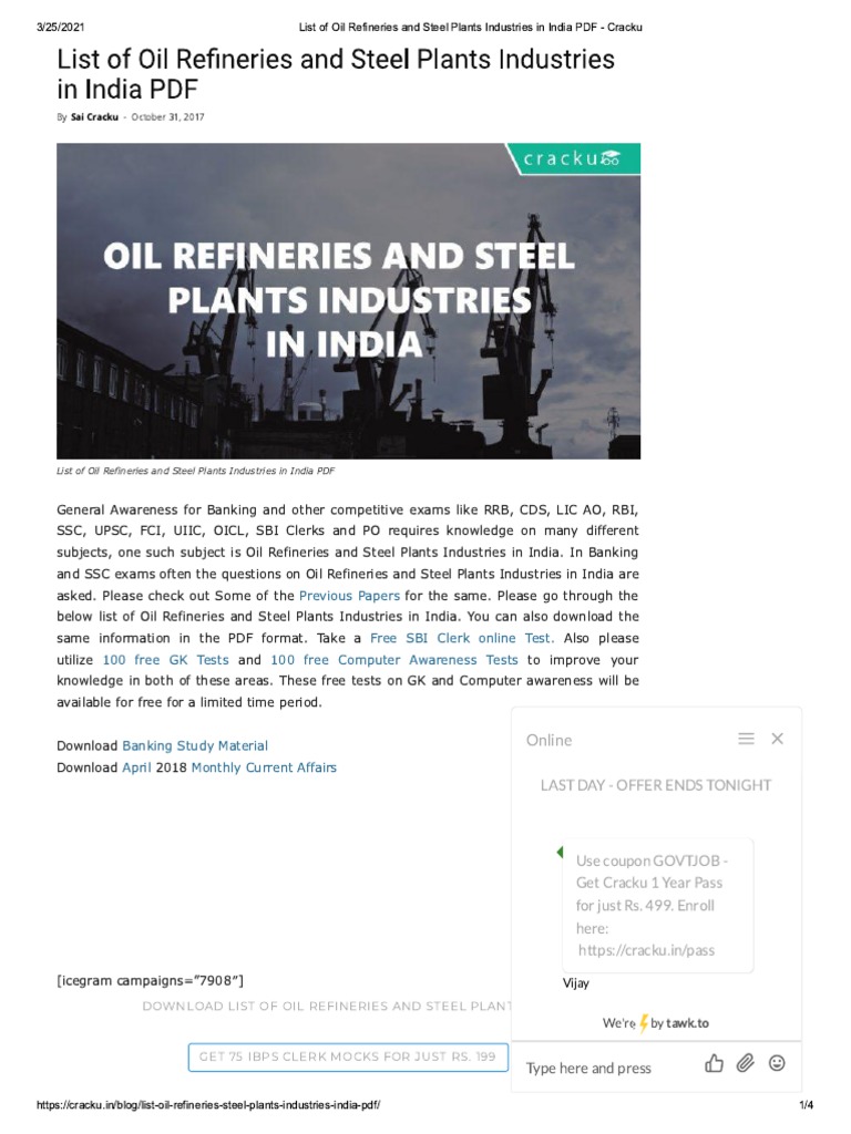 List of Oil Refineries and Steel Plants Industries in India PDF