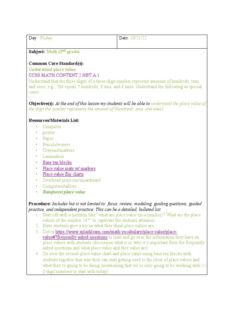 2nd Grade Math: Place Value Lesson Plan | PDF | Individualized ...