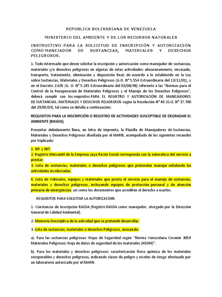 Requisitos para Inscripción RASDA en Venezuela | PDF | Mercancías ...