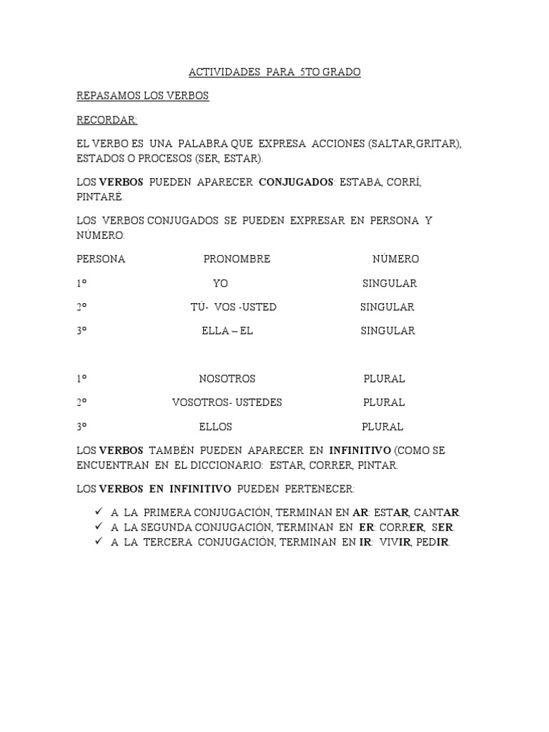 Actividades de Verbos para Quinto Grado | PDF | Verbo | Plural