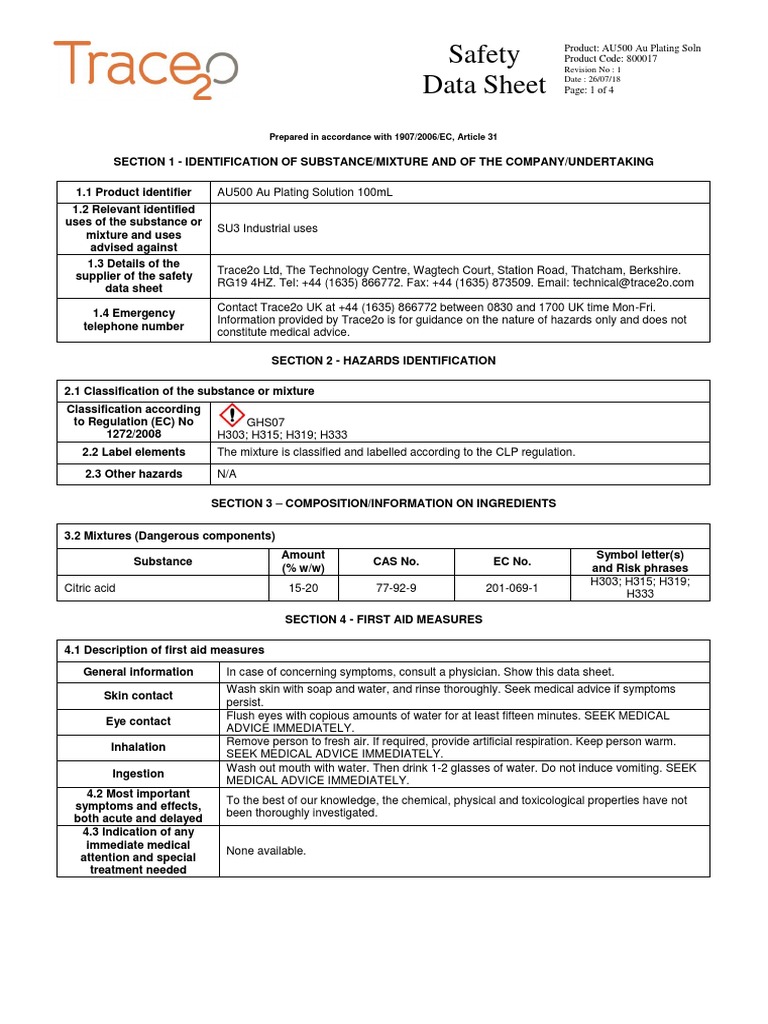 AU500 Au Plating Solution Safety Data | PDF | Personal Protective ...