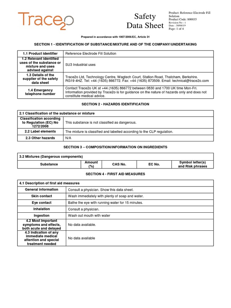 Reference Electrode Fill Solution SDS 300819 PDF Safety