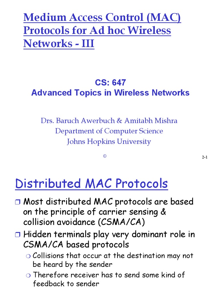 Medium Access Control (MAC) Protocols For Ad Hoc Wireless Networks ...