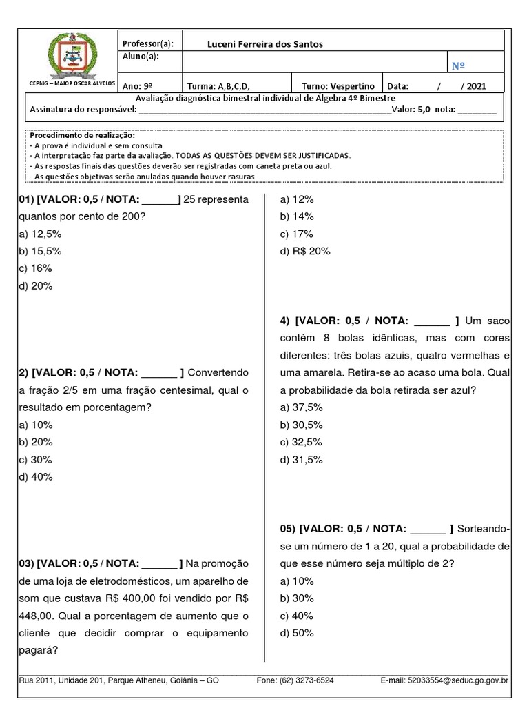 Prova ÁLGEBRA 9° Ano 4º BIMESTRE | PDF | Juros | Economias