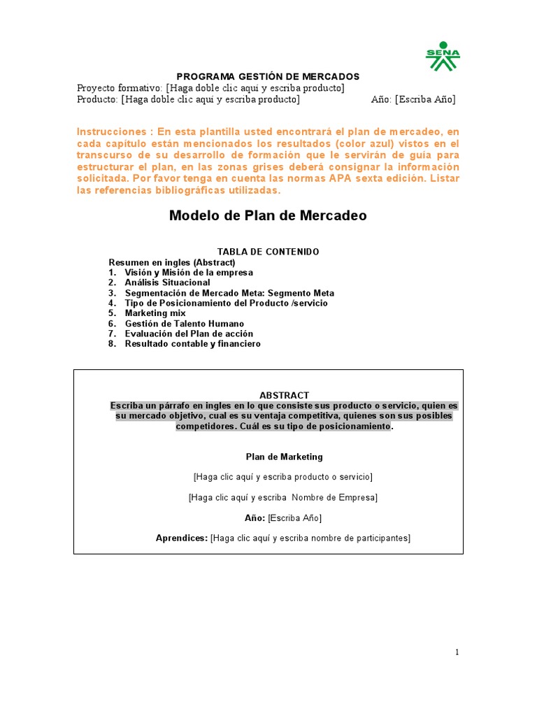 Plantilla Oficial Modelo de Plan de Marketing TGM SENA | PDF | Producto ...