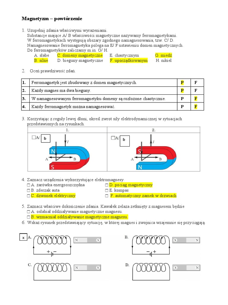 Fizyka Magnetyzm Klasa 8 Test Magnetyzm - Powtórzenie | PDF