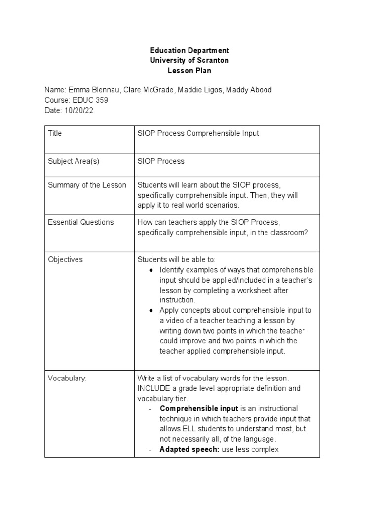 SIOP Comprehensible Input Lesson Plan | PDF | Art | Computers