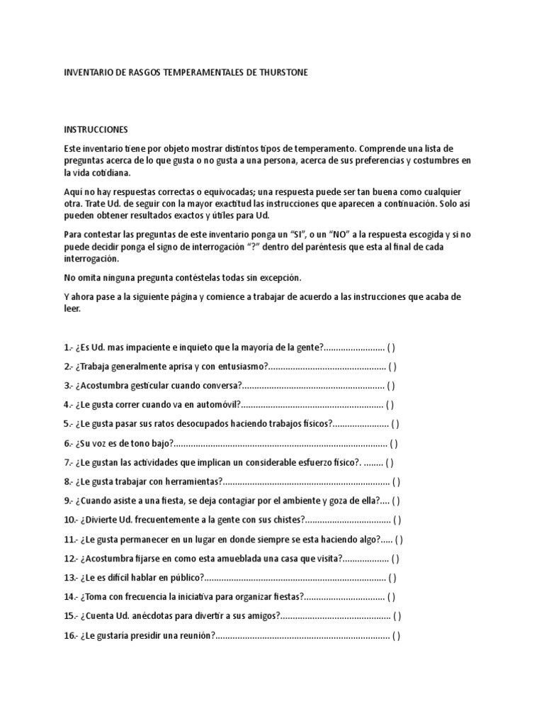 Inventario de Rasgos Temperamentales de Thurstone | PDF