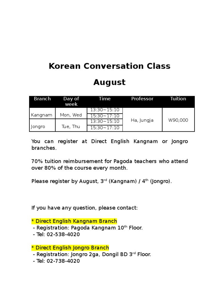 Korean Conversation Class Registration | PDF | Language Arts & Discipline