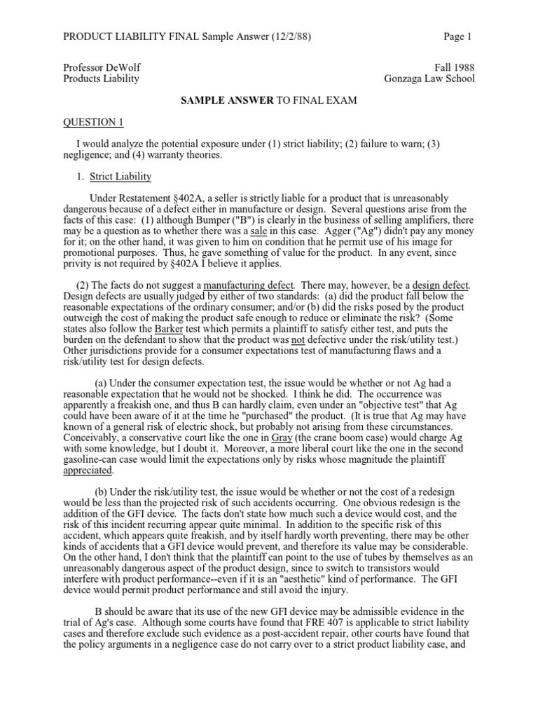 Canned Answer Example PDF Product Liability Negligence