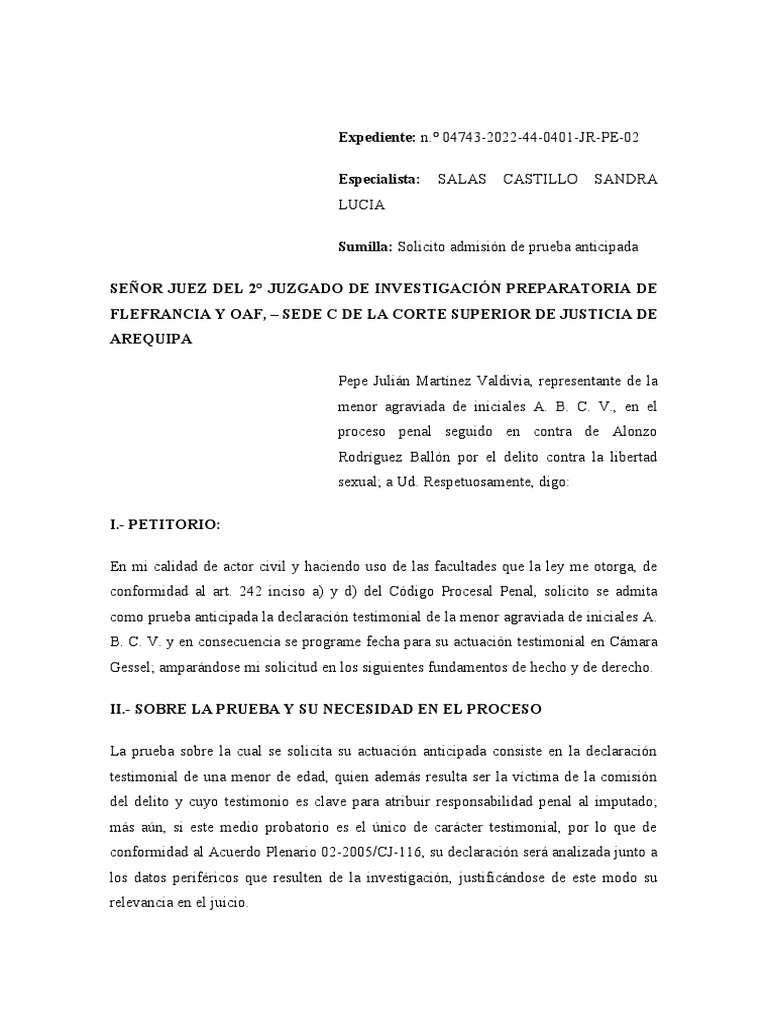 Modelo Prueba Anticipada Proceso Penal LP 1 | PDF
