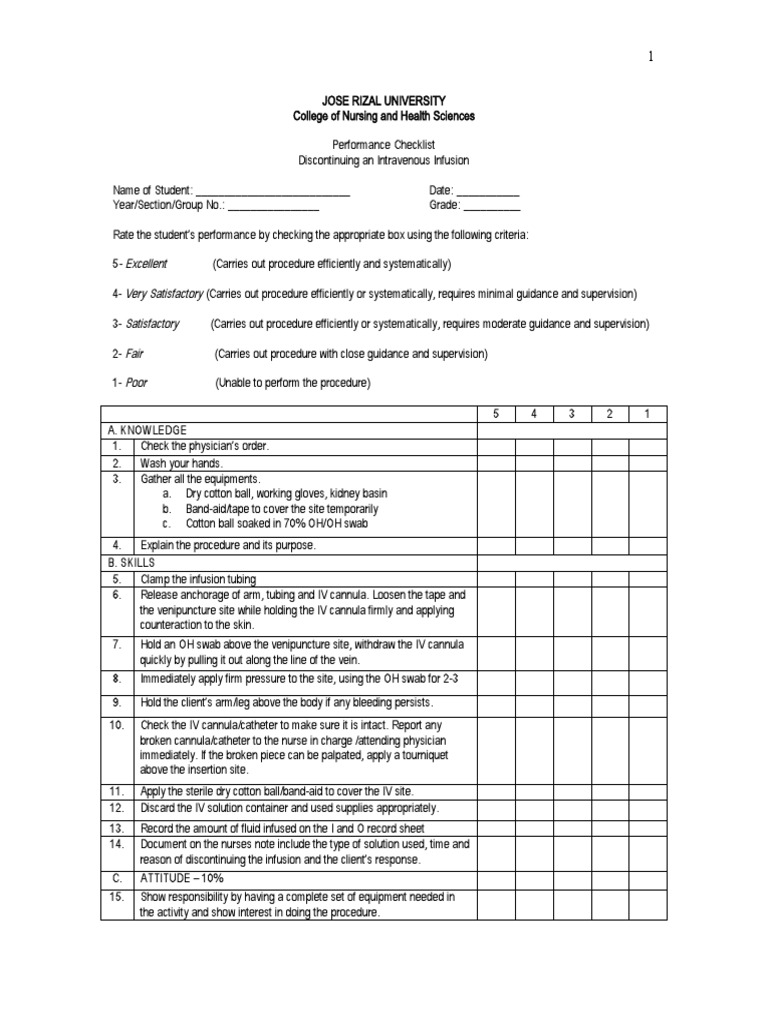 IV Infusion Discontinuation Checklist | PDF | Intravenous Therapy ...