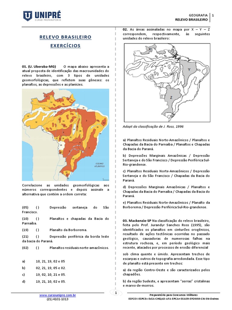 Relevo Brasileiro - Exercícios | PDF | Terreno | Geomorfologia