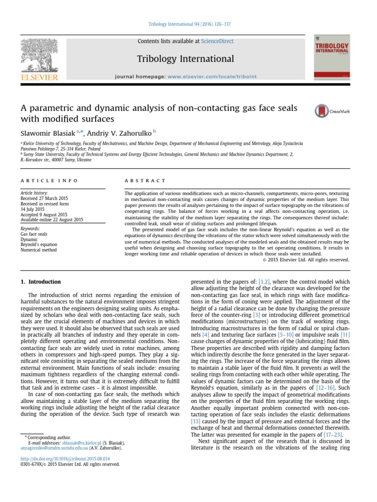 Dynamic Analysis of Gas Face Seals | PDF | Equations | Gases