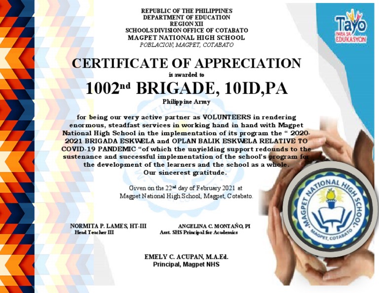 CERTIFICATE Brigada Eskwela 2021 PDF