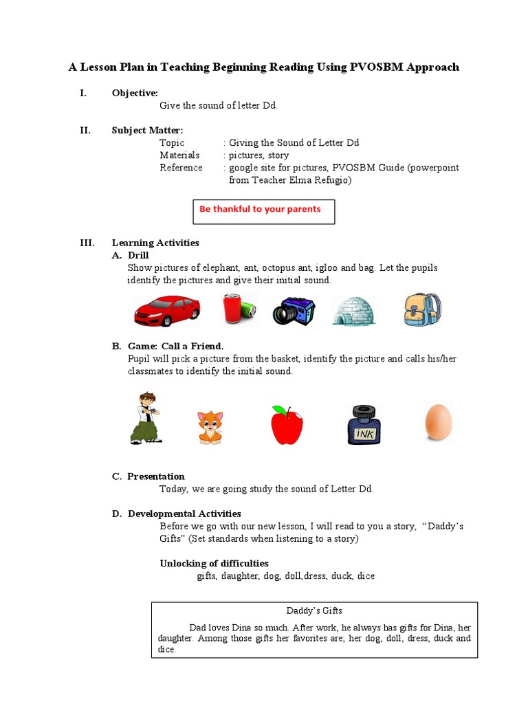 A lesson plan in teaching beginning reading using pvosbm approach pdf