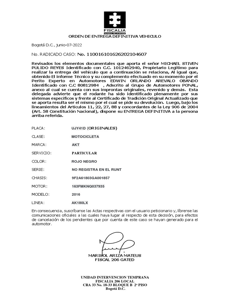Entrega Definitiva de Motocicleta AK180LX | PDF | Finanzas y dinero